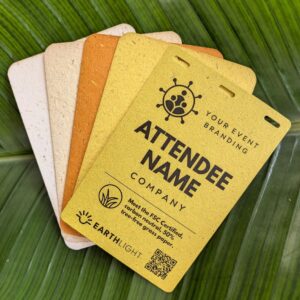 Line of 4" x 6" paper name badge holders custom printed on eco-friendly 50% tree-free and carbon neutral Earth papers