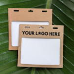 Customizable, recyclable, plastic free kraft paper 4" x 3" name tag holders for eco-friendly meetings, conferences and events