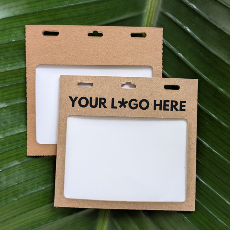Customizable, recyclable, plastic free kraft paper 4" x 3" name tag holders for eco-friendly meetings, conferences and events