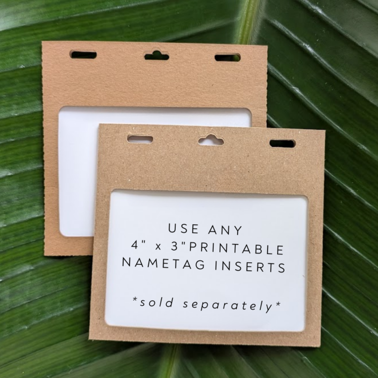 Show of inserts in sustainable 4" x 3" name tag holders made in the USA by a women owned small business