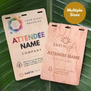 Plastic-free, US made, wood name badges with color print or laser custom branding for events