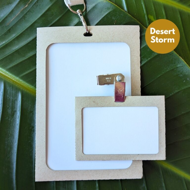 Sustainable, recyclable Desert Storm paper name badge and tag holders for eco-friendly events