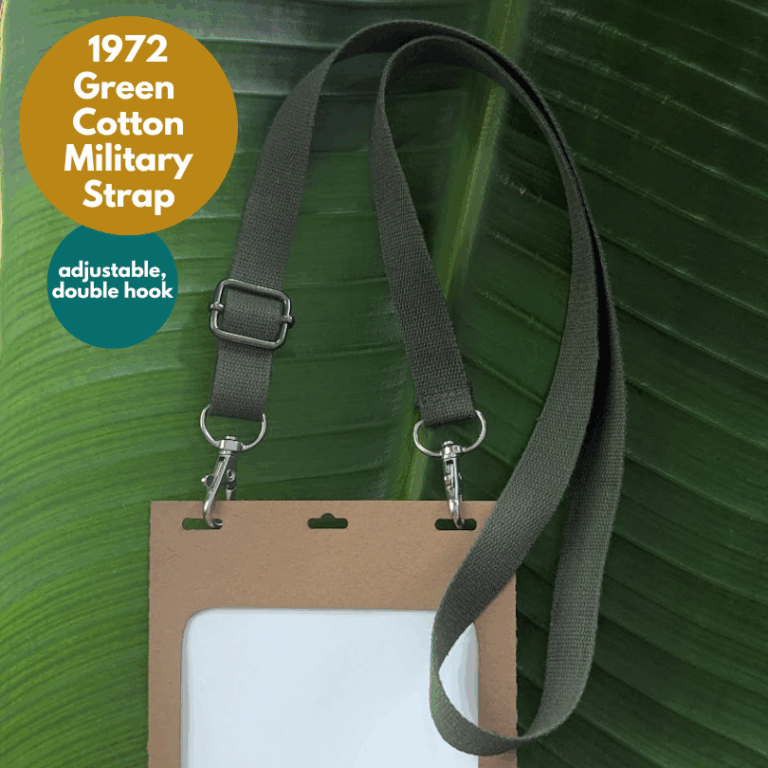 Salvaged and recycled lanyard made in USA from 1972 military webbing for eco-friendly conferences and events