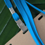 Sustainable upcycled rental lanyard made in USA from electric blue scrap strings