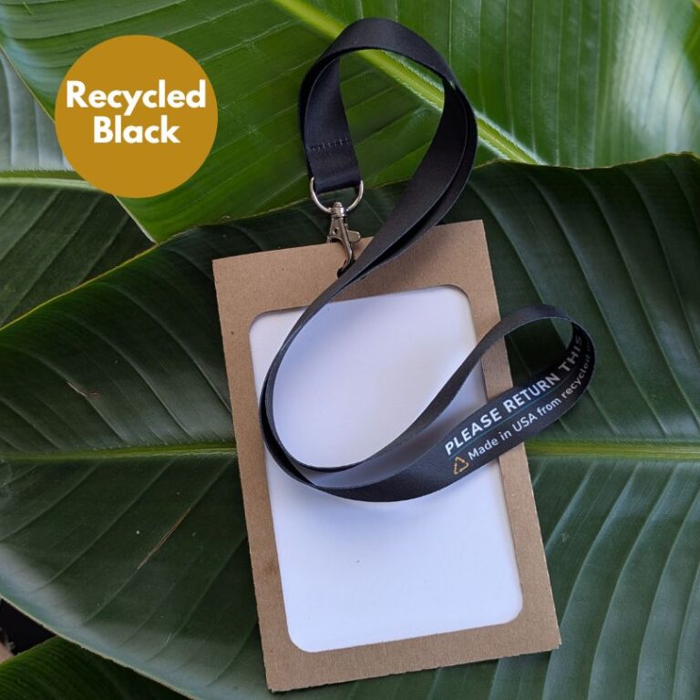 Eco-friendly black recycled rental lanyard with paper badge holder for conference, meeting or event