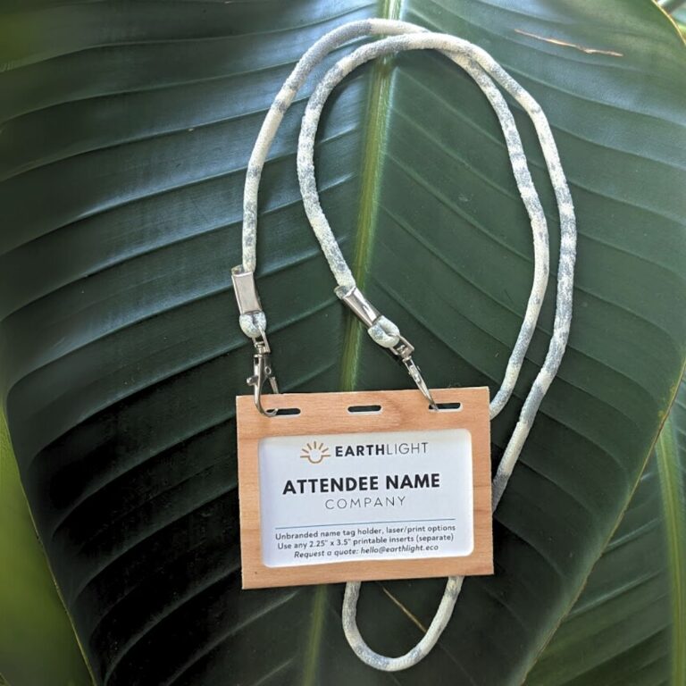 Recycled scrap hoodie string rental lanyard with sustainable wood name tag holder