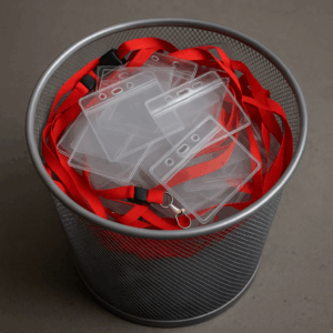 Trash can full of single-use plastic badge waste and lanyards