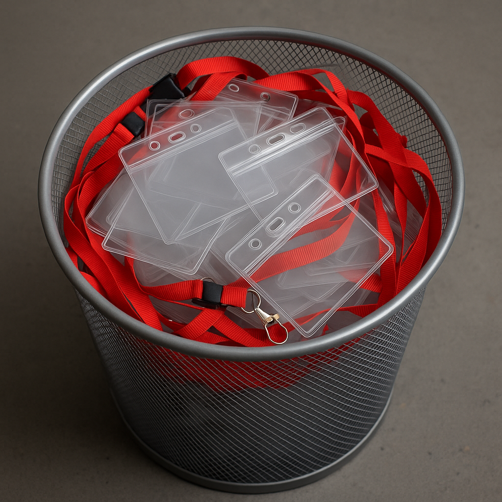 Trash can full of single-use plastic badge waste and lanyards