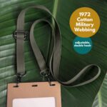 Plastic-free, recyclable conference badge holder with adjustable double-hook lanyard made in USA from recycled materials