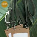 Show of adjustable hardware on US-made, upcycled lanyards and kraft 4.25 x 6 badge holders for eco-friendly tradeshows, meetings and events