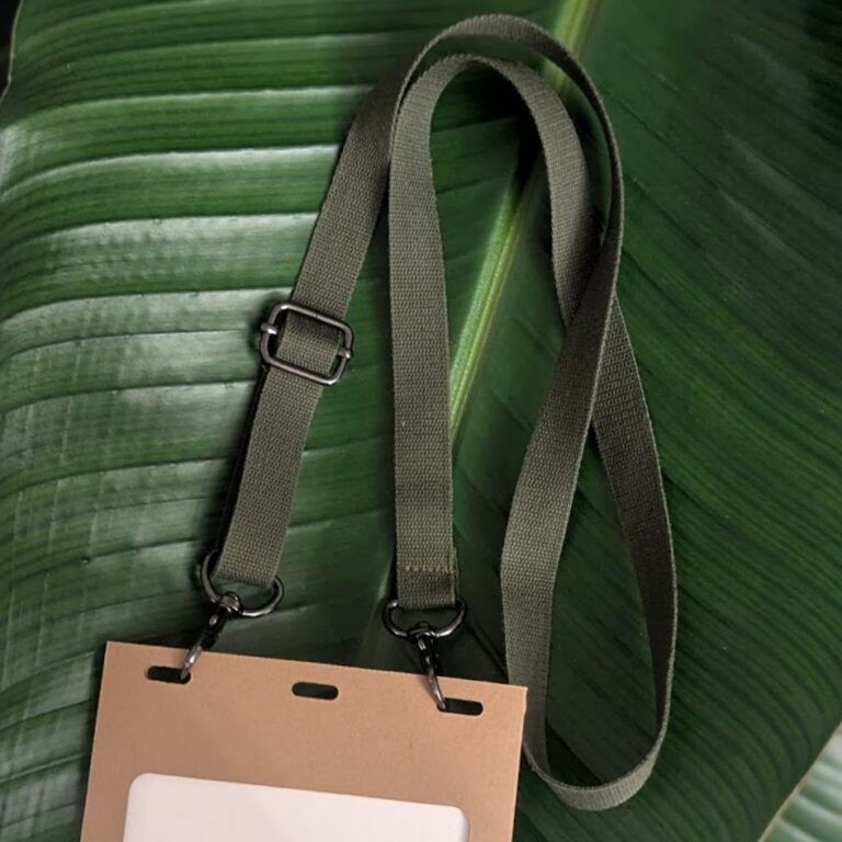 Paper conference and trade show badge holder with sustainable, recycled military webbing lanyard made in USA