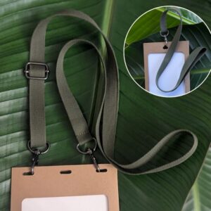 Single and double hook lanyards made in USA by a small business from recycled salvaged military webbing materials for eco-friendly conferences, meetings, tradeshows and events