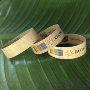 View of plastic-free, branded wristbands made from wood and paper for eco-friendly events, festivals and conference parties