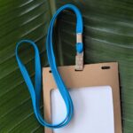 Bright blue conference and event lanyard made in the USA from salvaged scrap materials for eco-friendly recycled option