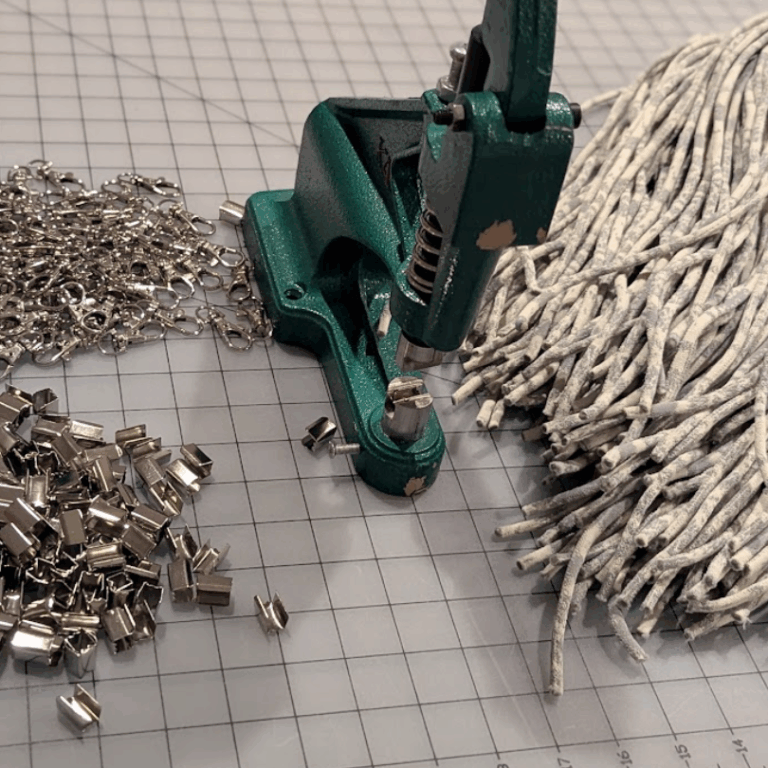 Crimp press and hardware for our recycled hoodie string lanyards for rent or purchase for eco-friendly events, meetings and conferences