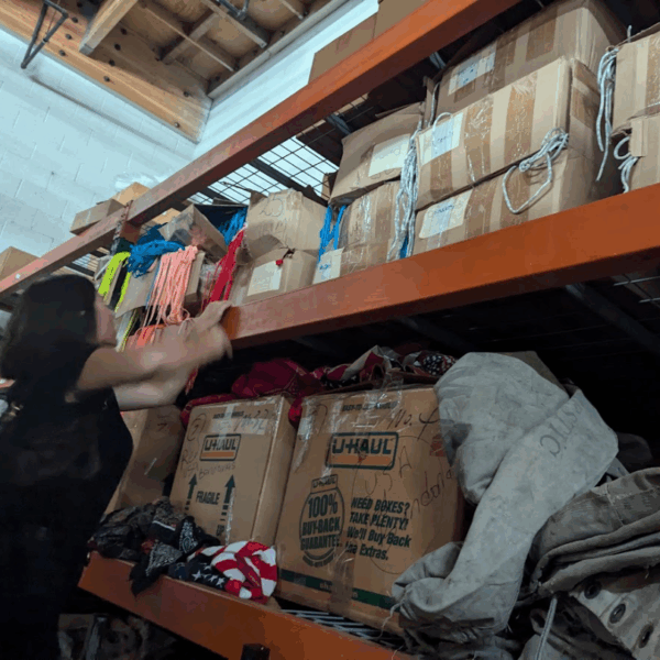 In our scrap supplier warehouse for our upcycled, eco-friendly rental lanyards