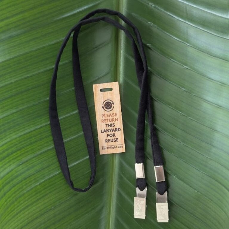 Black lanyard with double bulldog clips made from upcycled military fabric in USA with wood return tag