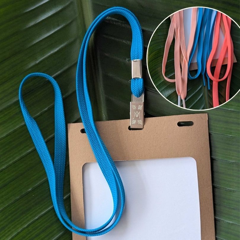 Colorful, unbranded event lanyards made in USA from upcycled scrap strings