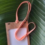 Upcycled lanyard from scrap drawcord and laces made in USA with eco-friendly event name badge