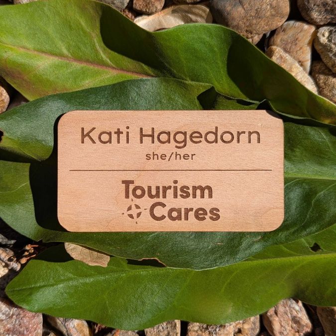 Custom branded and personalized wood name tag with magnetic back