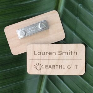 Eco-friendly natural alderwood nametag with laser engrave personalization made in USA