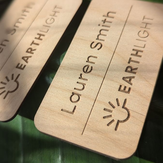 Close up of plastic-free branded name tag with magnetic back
