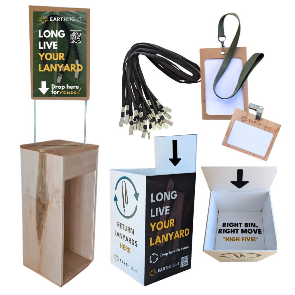 Collection boxes for sustainable events and conferences to take back and reuse or recycle badges and lanyards