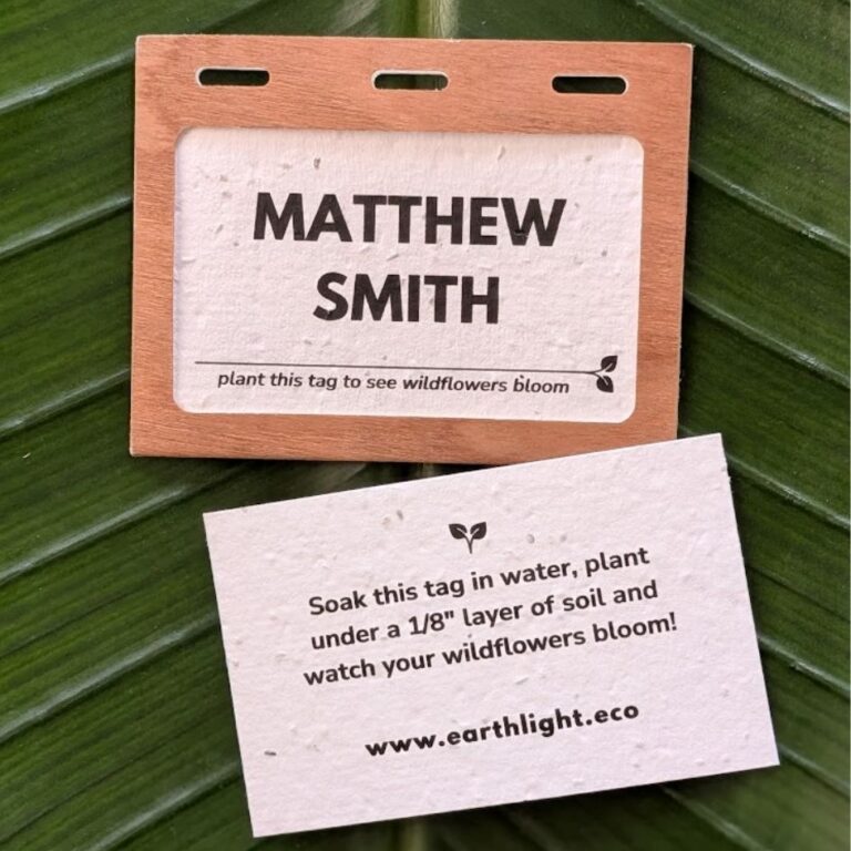 Plastic-free wood name tag holder for 3.5" x 2.25" inserts with seed paper nametag insert