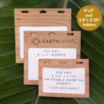 Eco-friendly plastic-free nametag holders for 4" x 3" and 3.5" x 2.25" inserts and custom branding available, made in the USA