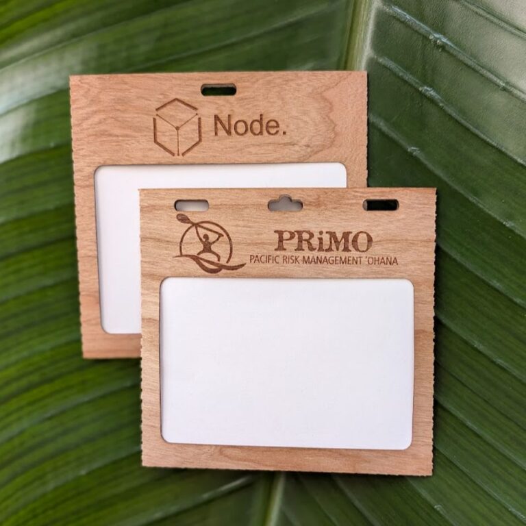 Reusable, custom laser branded 4" x 3" cherry wood badge and name tag holders for sustainable events, conferences and meetings