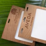 Reusable laser branded 3.5" x 2.25" cherry wood name tag holders made in USA