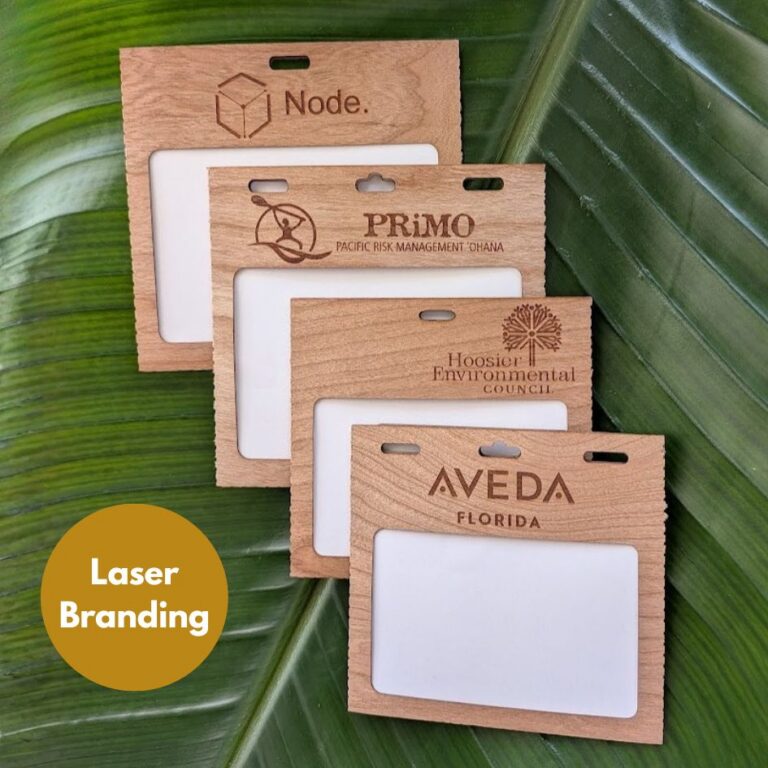 Set of reusable, sustainable Cherry wood, custom branded name tag holders made in the USA by a small business